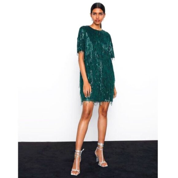 💥SHOWSTOPPER💥1920's Flapper Style Sequin & Fringe Cocktail Dr in Emerald Green - Picture 2 of 16